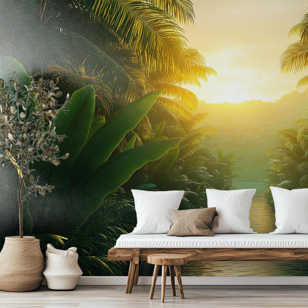 Tropical Sunset Exotic Palm Tropical Wallpaper – detail view, Golden Era Walls