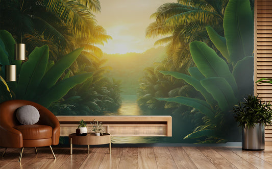Tropical Sunset Exotic Palm Tropical Wallpaper – peel and stick wallpaper mural, Golden Era Walls
