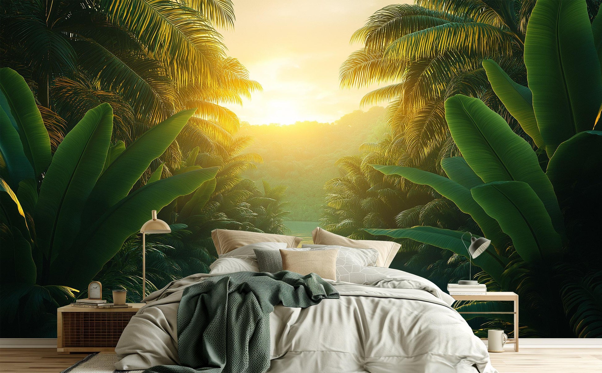 Tropical Sunset Exotic Palm Tropical Wallpaper – lifestyle view, Golden Era Walls