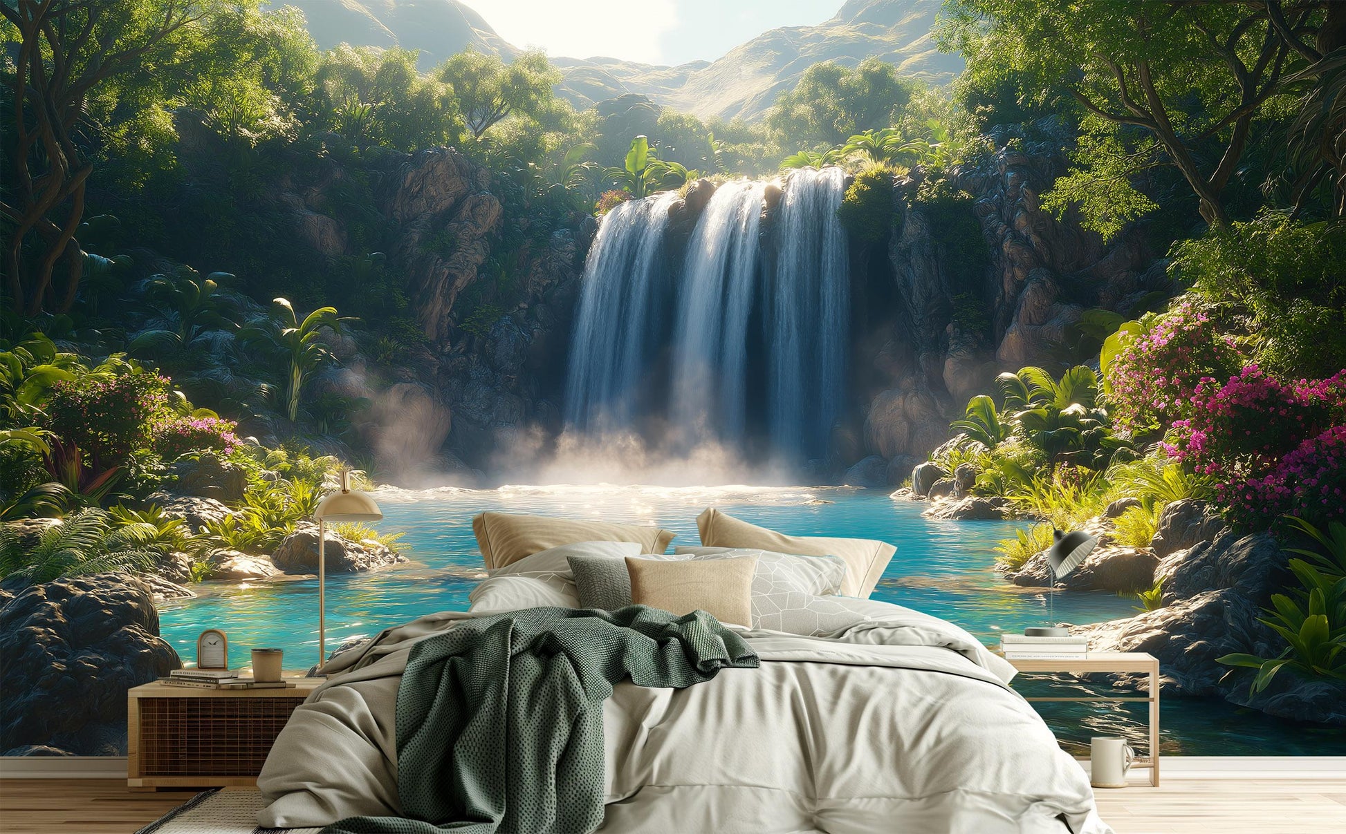 Tropical Waterfall Jungle Spa Tropical Wallpaper – lifestyle view, Golden Era Walls