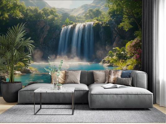 Tropical Waterfall Jungle Spa Tropical Wallpaper – peel and stick wallpaper mural, Golden Era Walls