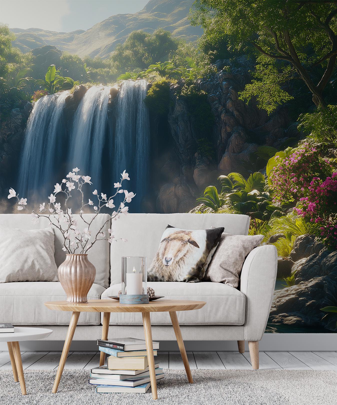 Tropical Waterfall Jungle Spa Tropical Wallpaper – scale reference, Golden Era Walls