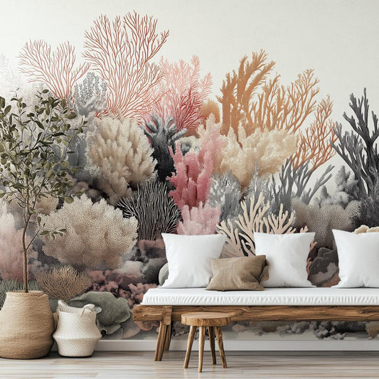 Vintage Coral Reef Hand Coastal Wallpaper – peel and stick wallpaper mural, Golden Era Walls