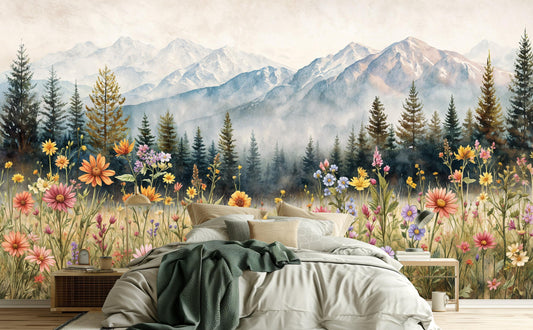 Watercolor Wildflower Mountain Cottagecore Floral Wallp – room setting, Golden Era Walls