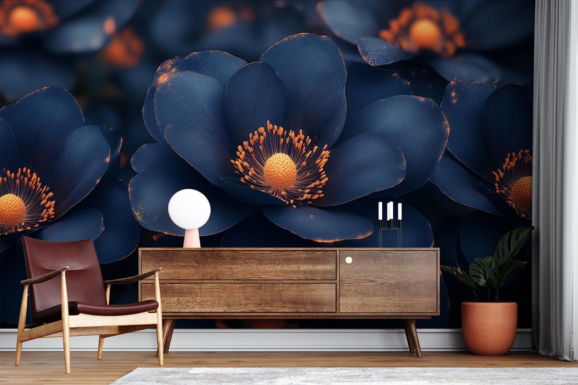 Midnight Blue Floral Moody Floral Wallpaper – room setting, Golden Era Walls