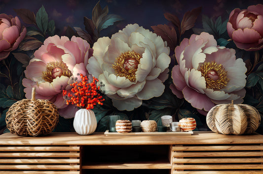 Beautiful Peony Floral Elegant Floral Wallpaper – lifestyle view, Golden Era Walls