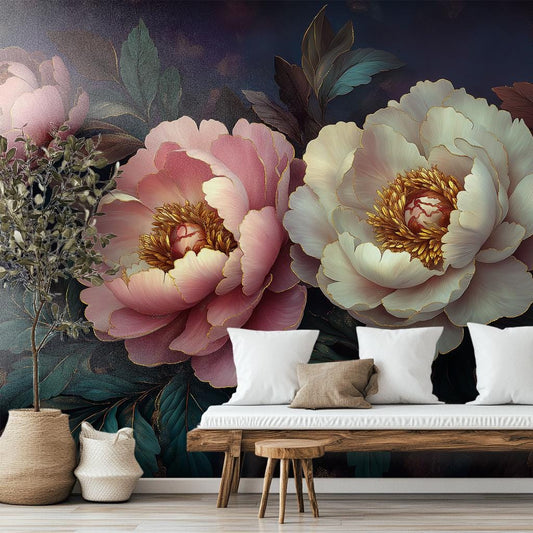 Beautiful Peony Floral Elegant Floral Wallpaper – room setting, Golden Era Walls