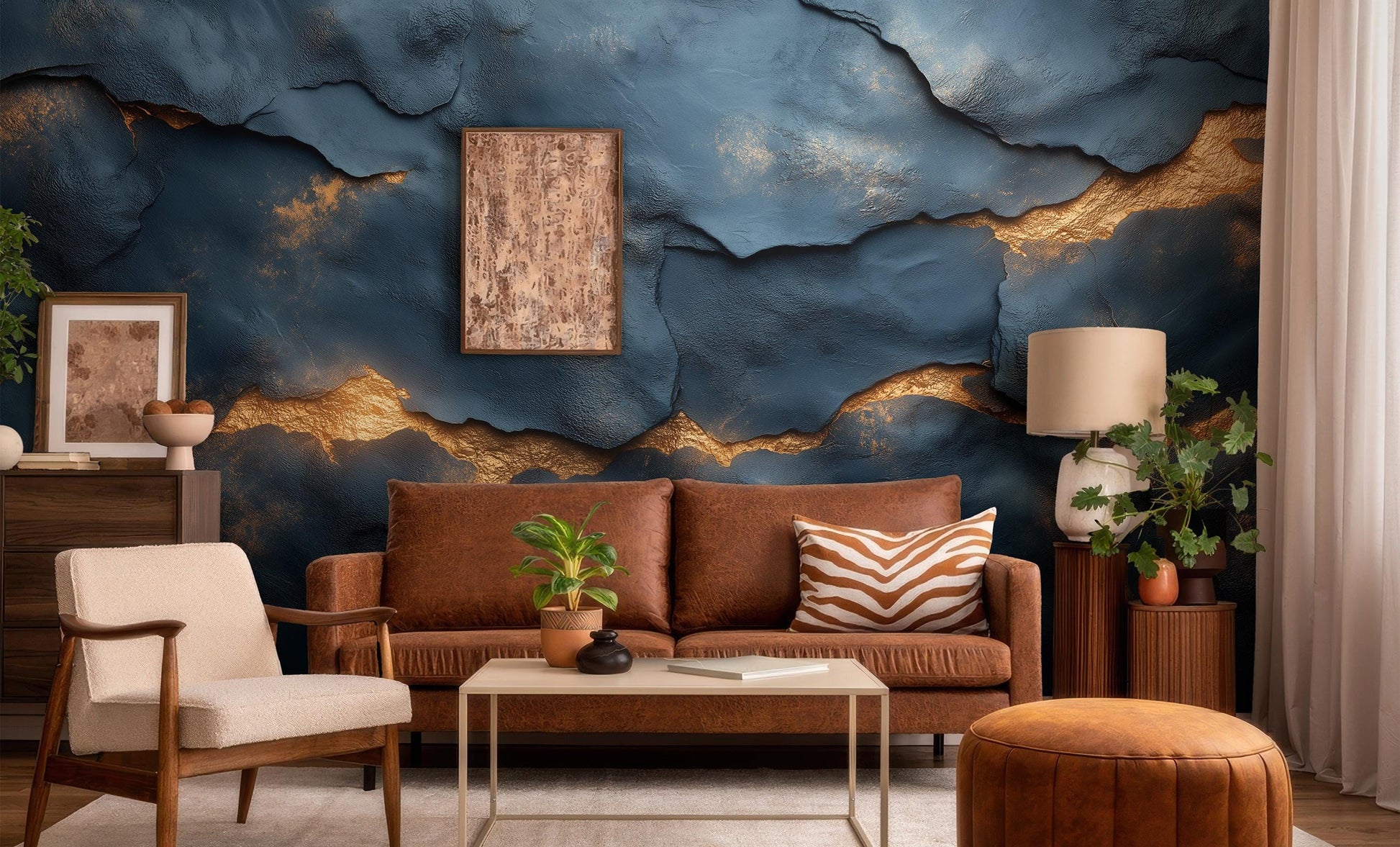 Abstract Cracked Texture Deep Geometric Wallpaper – room setting, Golden Era Walls