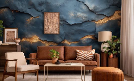 Abstract Cracked Texture Deep Geometric Wallpaper – room setting, Golden Era Walls