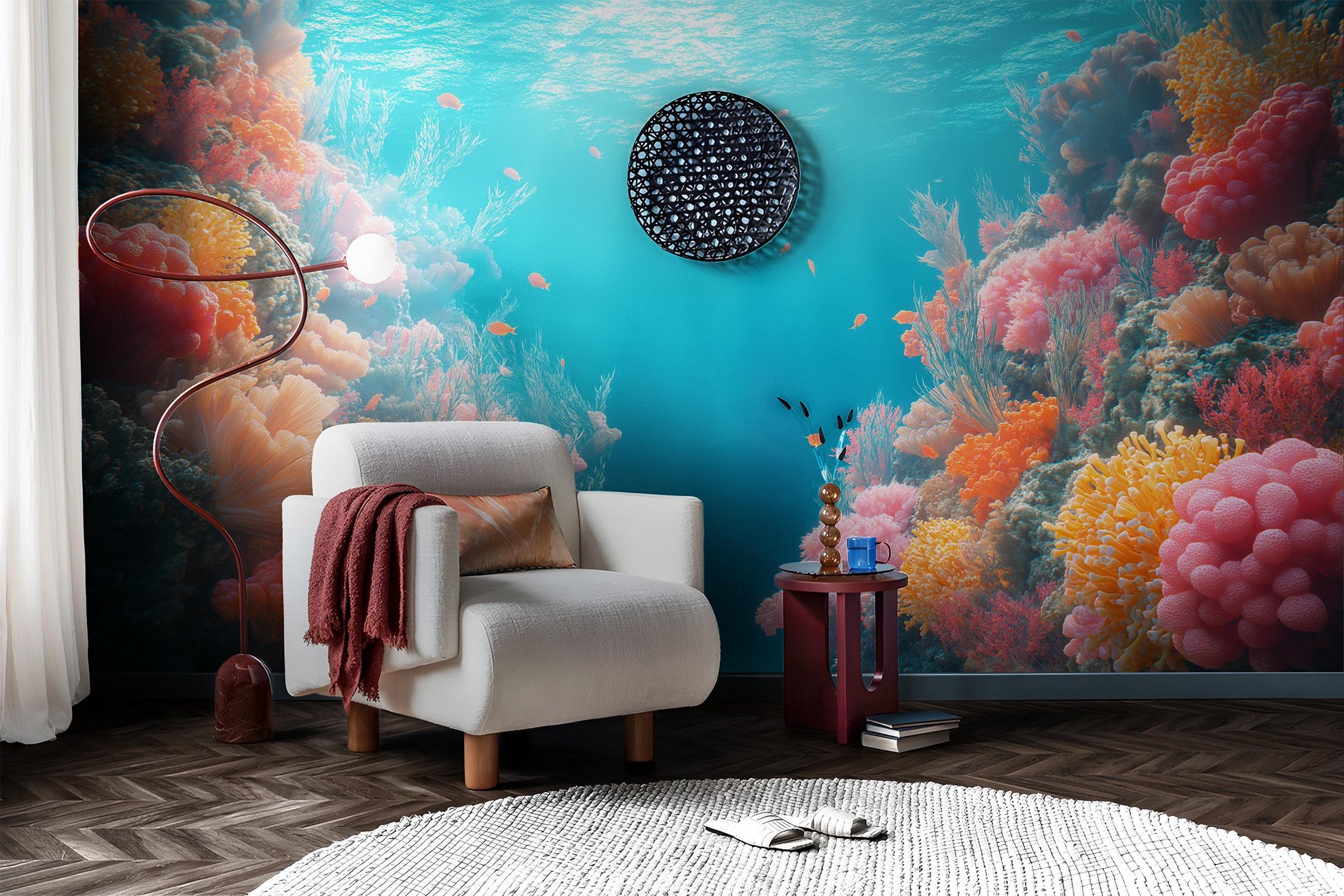 Colorful Coral Reef Tropical Tropical Wallpaper – room setting, Golden Era Walls