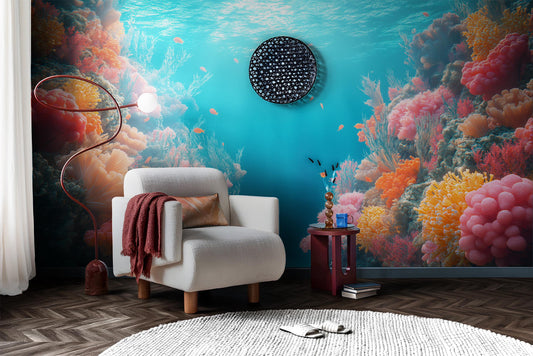 Colorful Coral Reef Tropical Tropical Wallpaper – room setting, Golden Era Walls