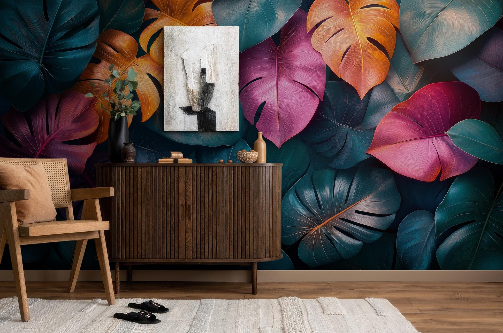 Colorful Monstera Leaf Tropical Floral Wallpaper – scale reference, Golden Era Walls