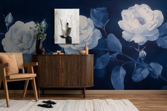 Cyanotype Rose Blue White Floral Wallpaper – detail view, Golden Era Walls