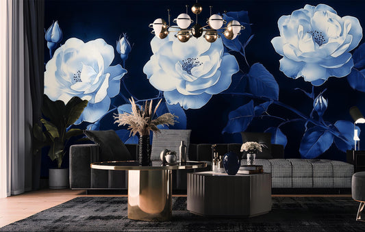 Cyanotype Rose Blue White Floral Wallpaper – peel and stick wallpaper mural, Golden Era Walls