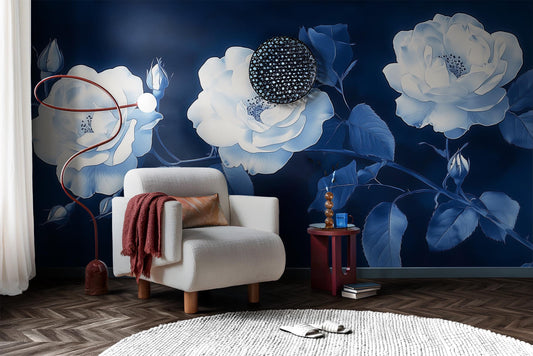 Cyanotype Rose Blue White Floral Wallpaper – lifestyle view, Golden Era Walls