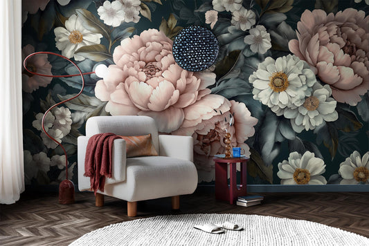 Dark Floral Peony Vintage Floral Wallpaper – peel and stick wallpaper mural, Golden Era Walls