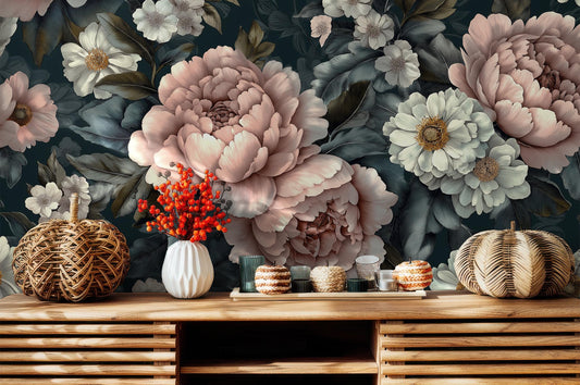 Dark Floral Peony Vintage Floral Wallpaper – lifestyle view, Golden Era Walls