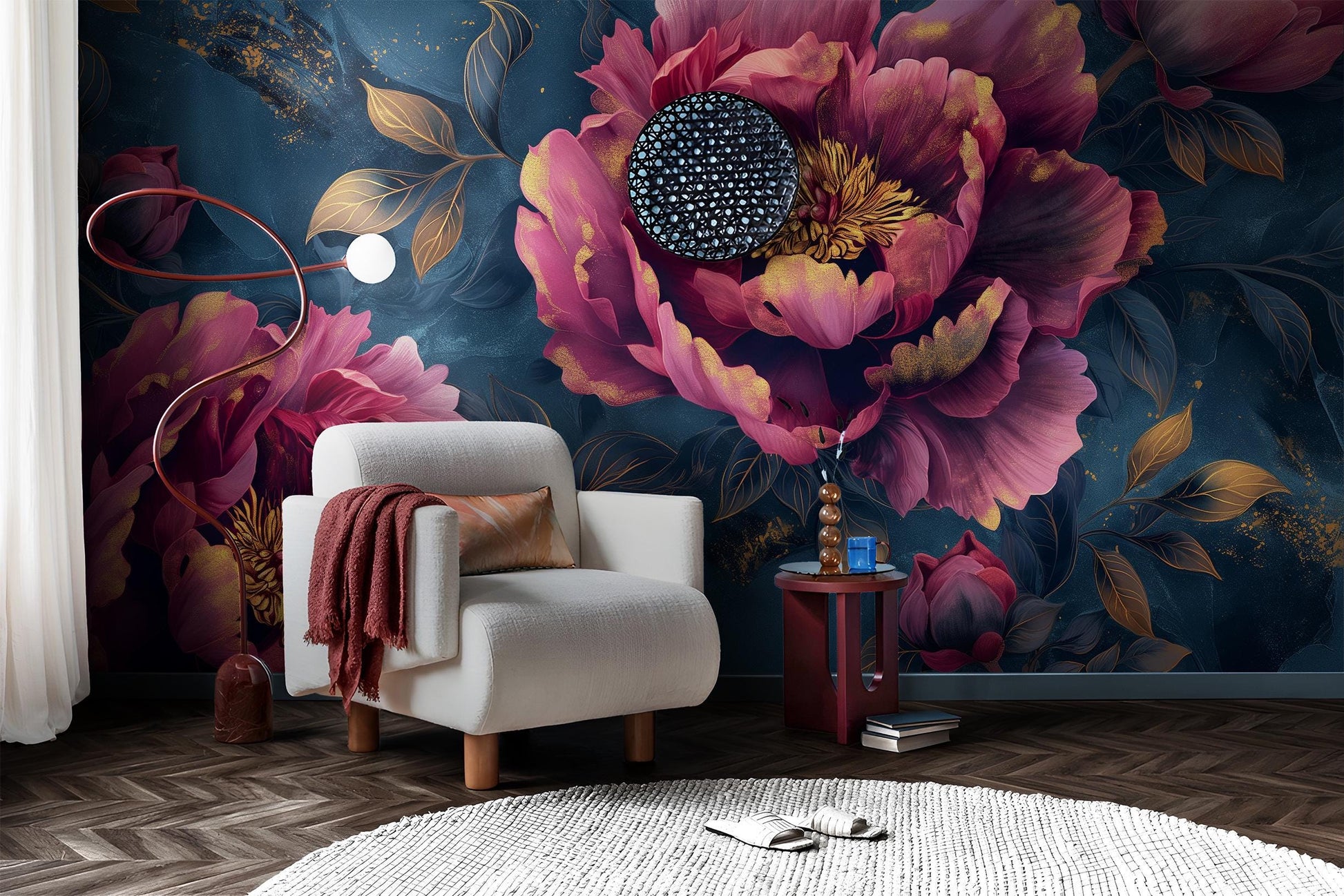 Dark Floral Peony Romantic Floral Wallpaper – scale reference, Golden Era Walls