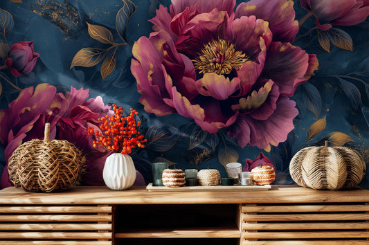 Dark Floral Peony Romantic Floral Wallpaper – room setting, Golden Era Walls