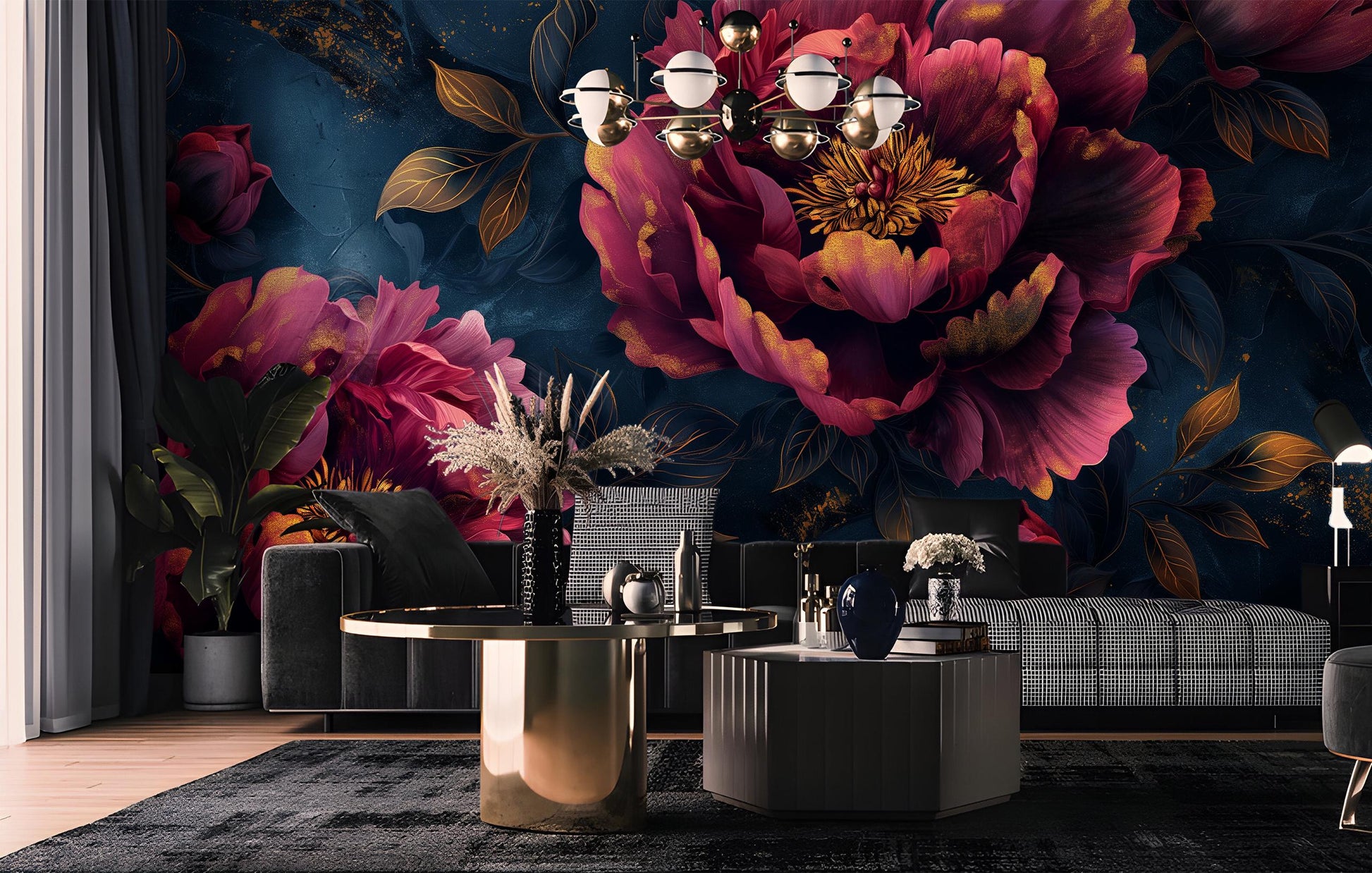 Dark Floral Peony Romantic Floral Wallpaper – peel and stick wallpaper mural, Golden Era Walls