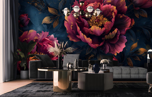 Dark Floral Peony Romantic Floral Wallpaper – peel and stick wallpaper mural, Golden Era Walls