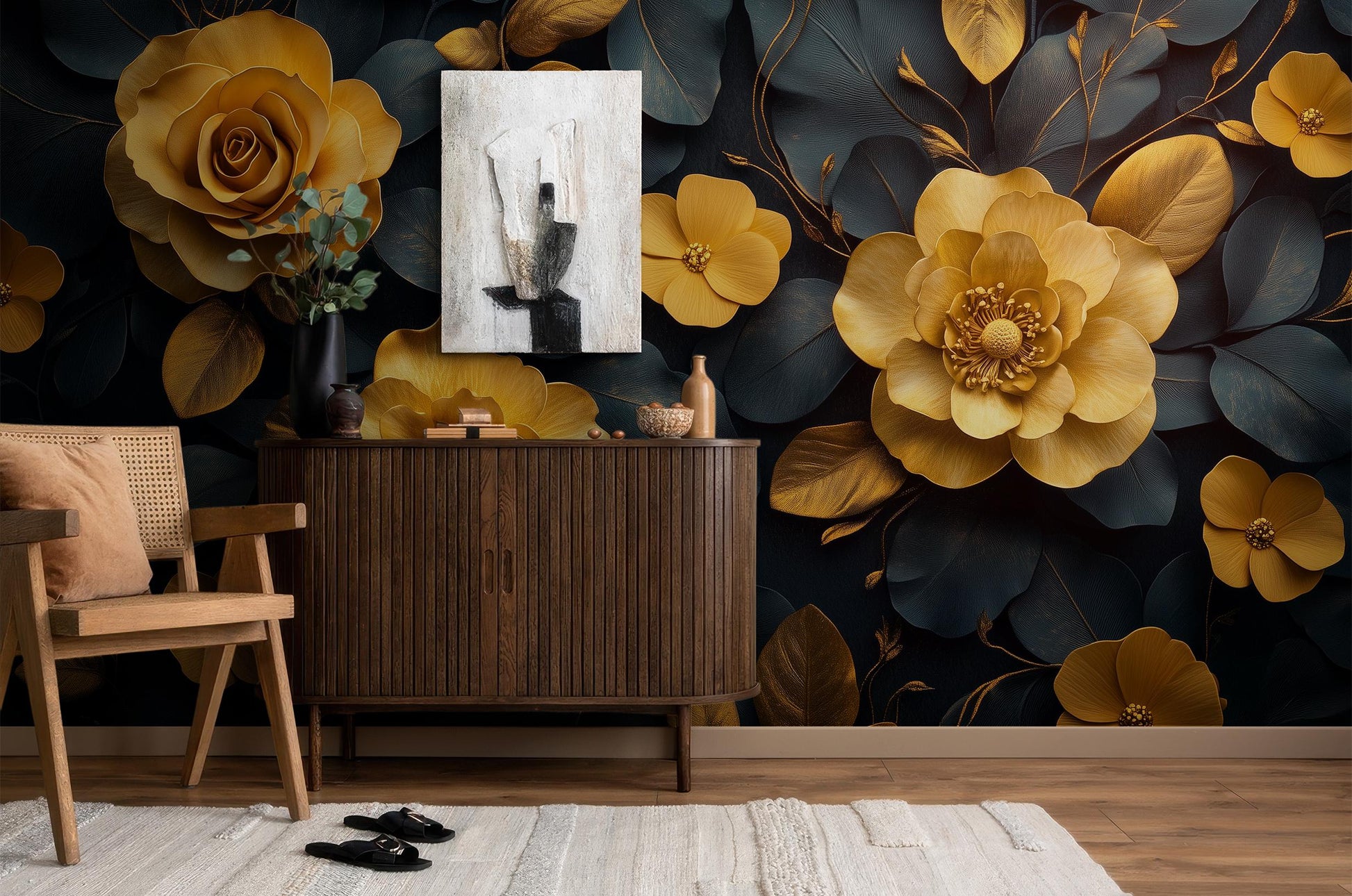 Elegant Gold Floral Dark Floral Wallpaper – scale reference, Golden Era Walls