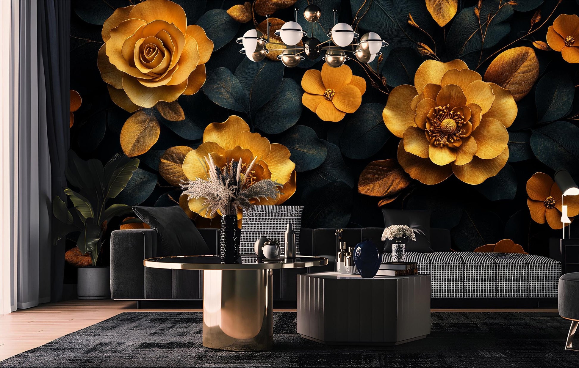 Elegant Gold Floral Dark Floral Wallpaper – peel and stick wallpaper mural, Golden Era Walls