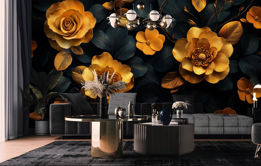 Elegant Gold Floral Dark Floral Wallpaper – peel and stick wallpaper mural, Golden Era Walls