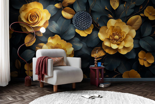 Elegant Gold Floral Dark Floral Wallpaper – detail view, Golden Era Walls