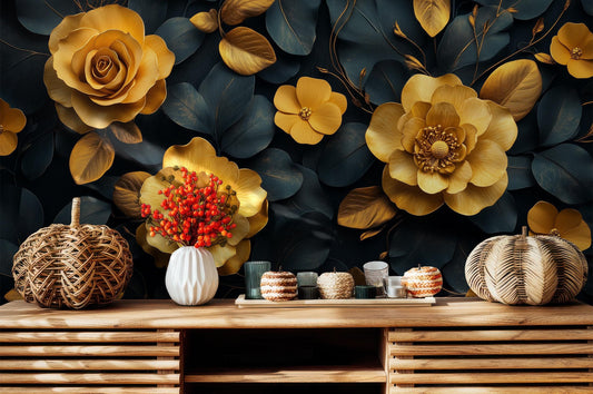Elegant Gold Floral Dark Floral Wallpaper – lifestyle view, Golden Era Walls