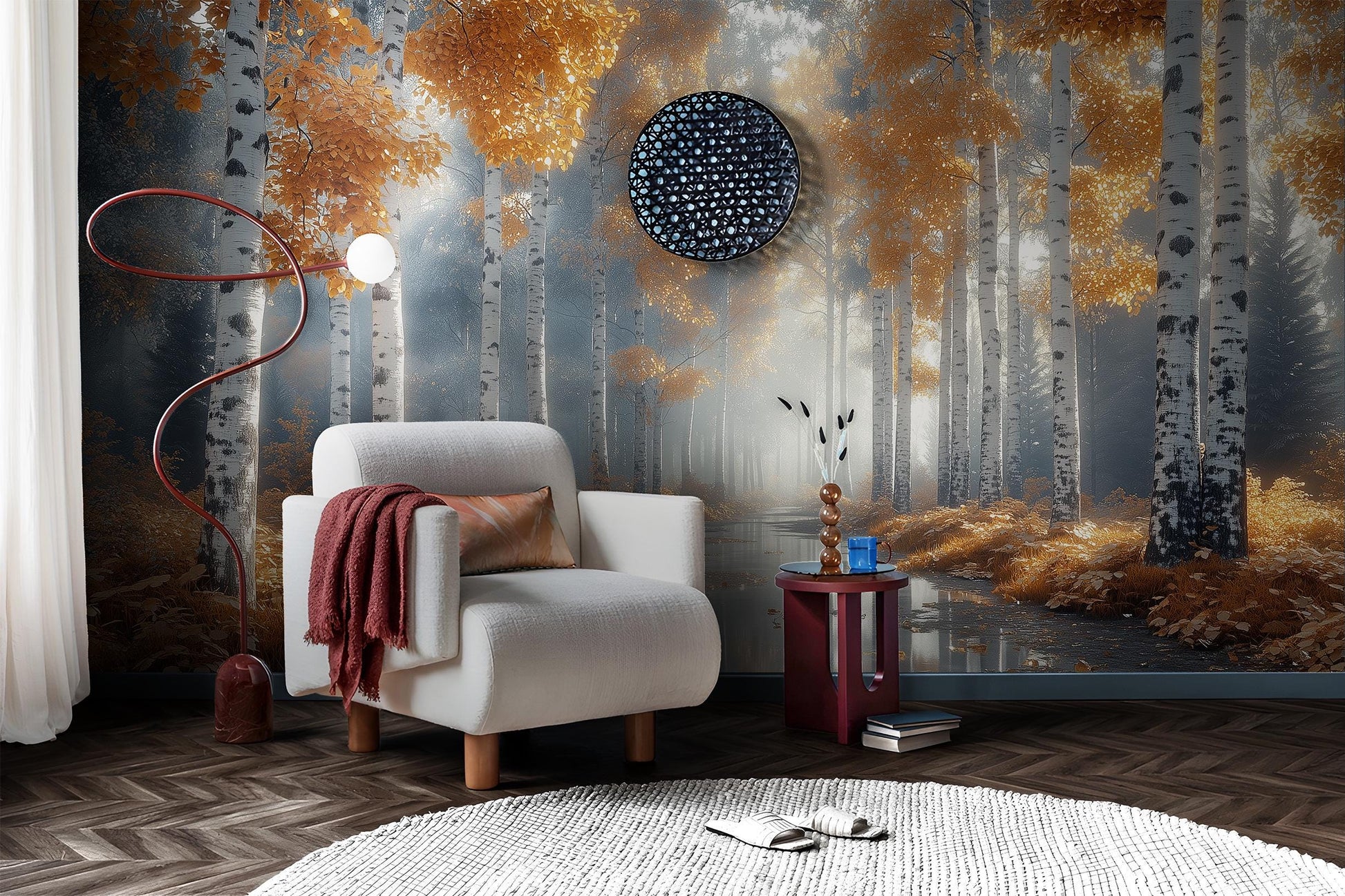 Golden Birch Forest Autumn Coastal Wallpaper – peel and stick wallpaper mural, Golden Era Walls