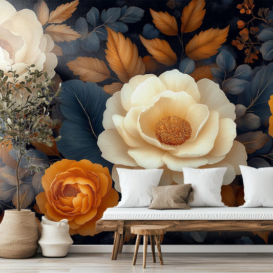 Ivory Amber Peony Vintage Floral Wallpaper Pattern – room setting, Golden Era Walls