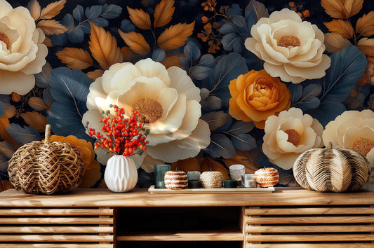 Ivory Amber Peony Vintage Floral Wallpaper Pattern – peel and stick wallpaper mural, Golden Era Walls