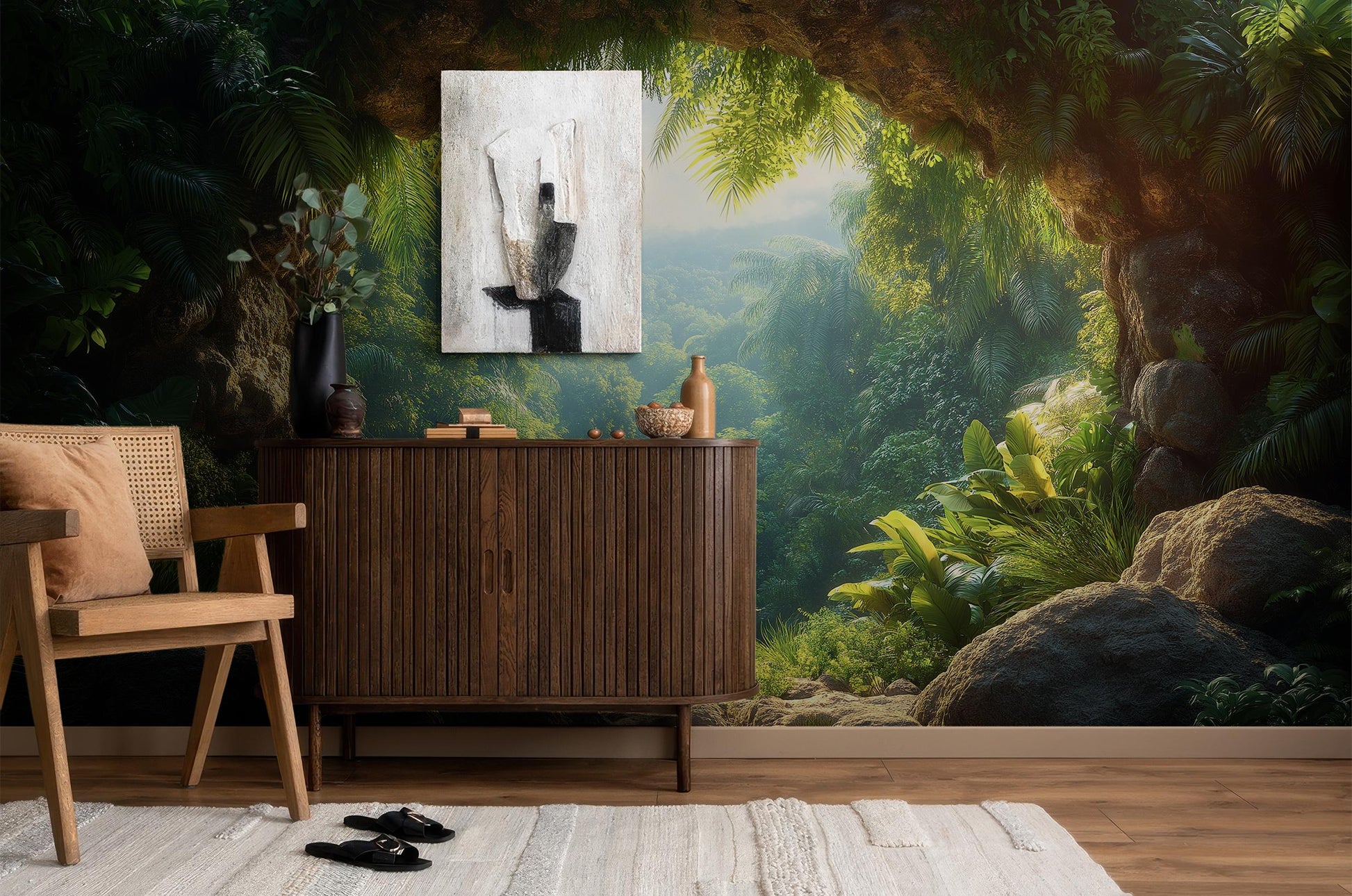Jungle Decor Exotic Greenery Floral Wallpaper – scale reference, Golden Era Walls