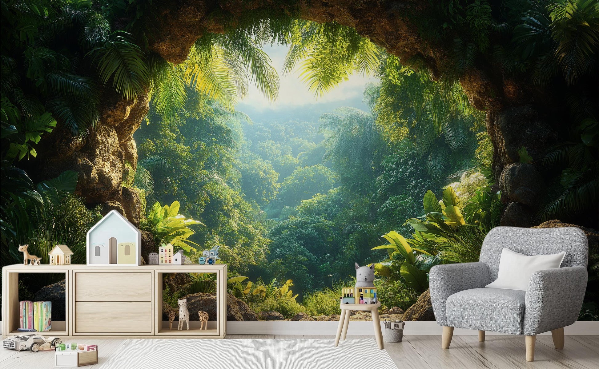 Jungle Decor Exotic Greenery Floral Wallpaper – peel and stick wallpaper mural, Golden Era Walls