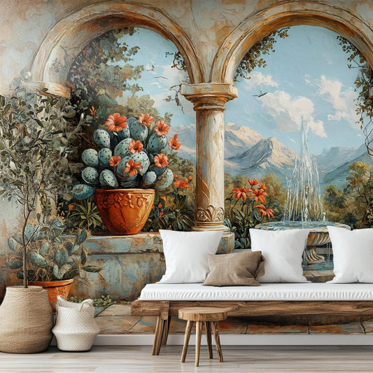 Mediterranean Landscape Rustic Villa Wallpaper – detail view, Golden Era Walls