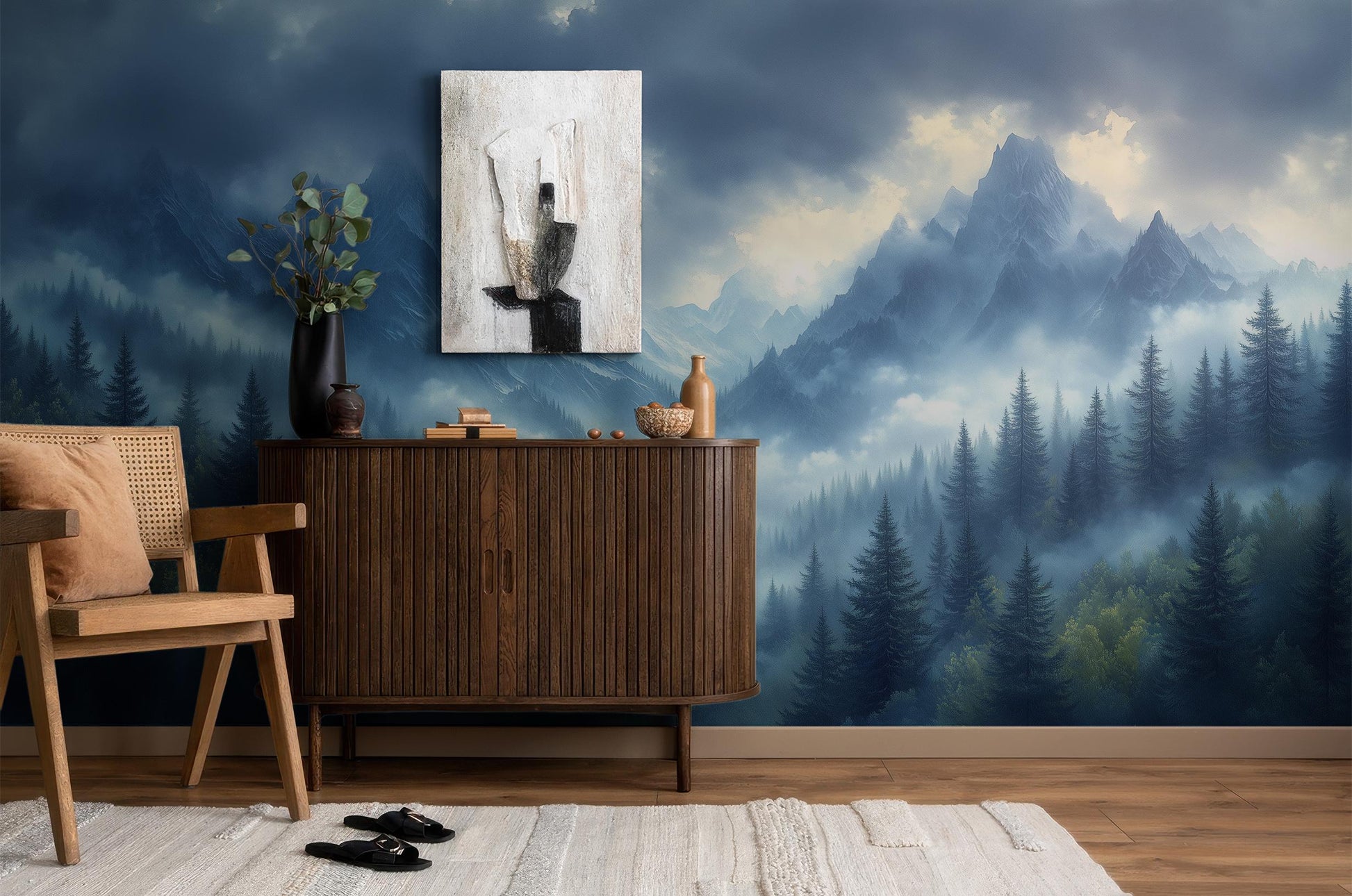 Misty Mountain Forest Renter Wallpaper – detail view, Golden Era Walls