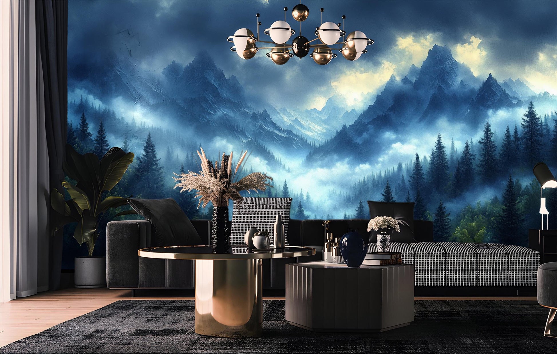 Misty Mountain Forest Renter Wallpaper – scale reference, Golden Era Walls