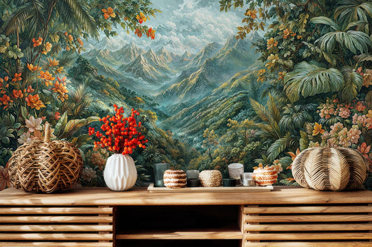 Moody Tropical Dark Jungle Tropical Wallpaper – room setting, Golden Era Walls