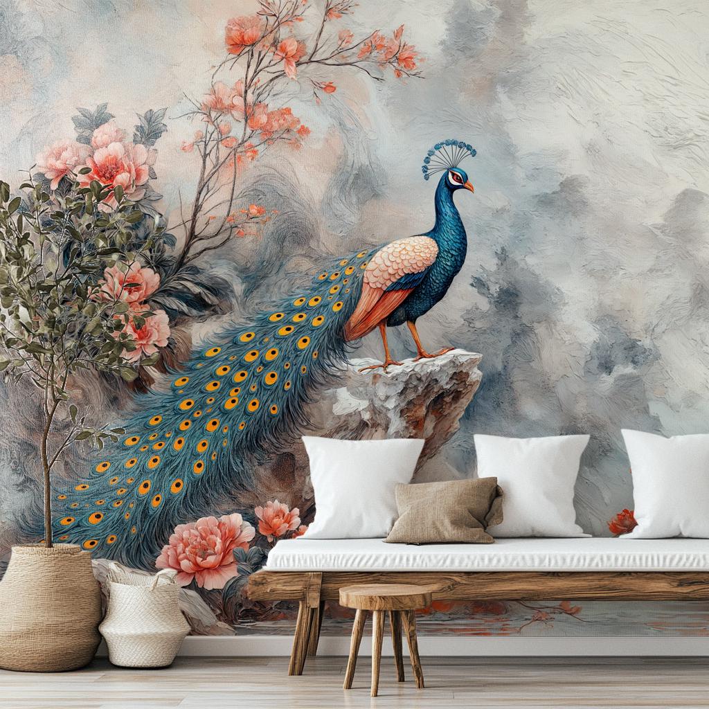 Oriental Peacock Elegant Birds Floral Wallpaper – lifestyle view, Golden Era Walls
