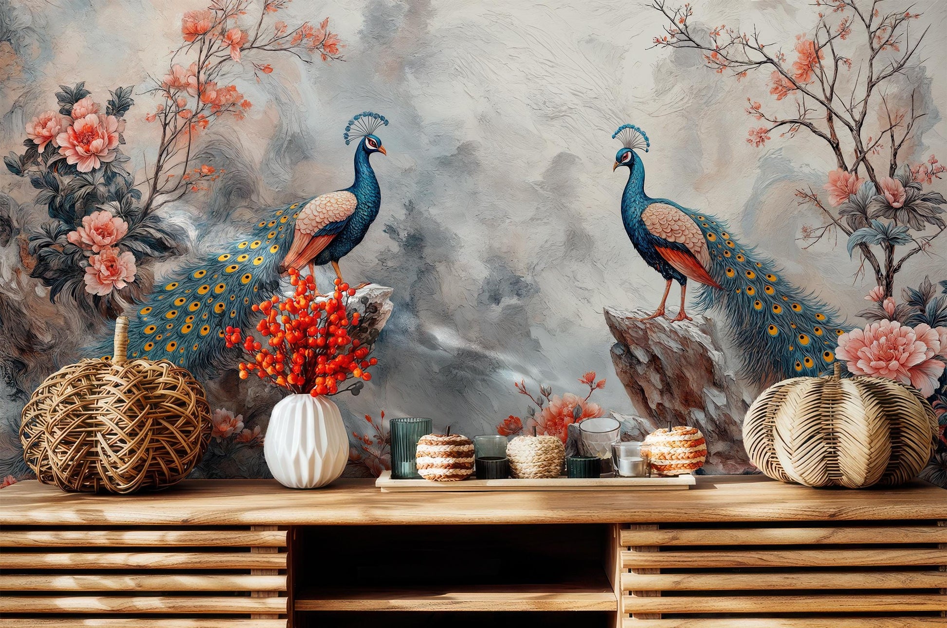 Oriental Peacock Elegant Birds Floral Wallpaper – room setting, Golden Era Walls