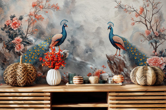 Oriental Peacock Elegant Birds Floral Wallpaper – room setting, Golden Era Walls