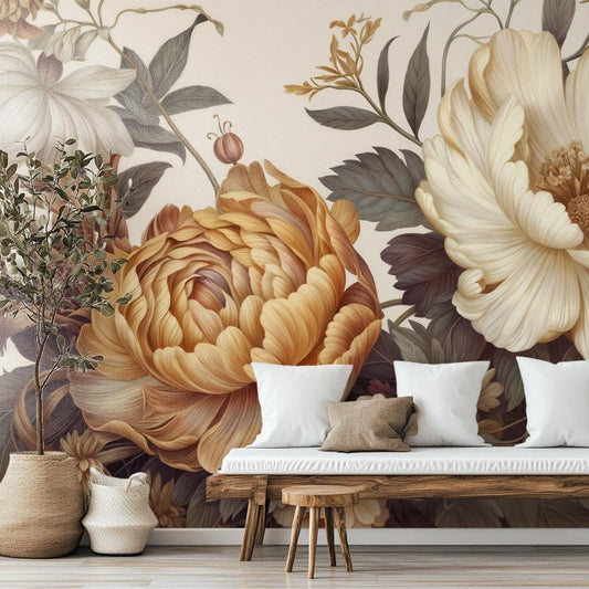 Vintage Peony Floral Soft Floral Wallpaper – lifestyle view, Golden Era Walls