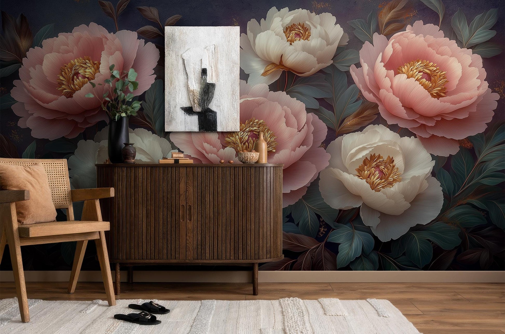 Blush Peony Floral Romantic Floral Wallpaper – room setting, Golden Era Walls
