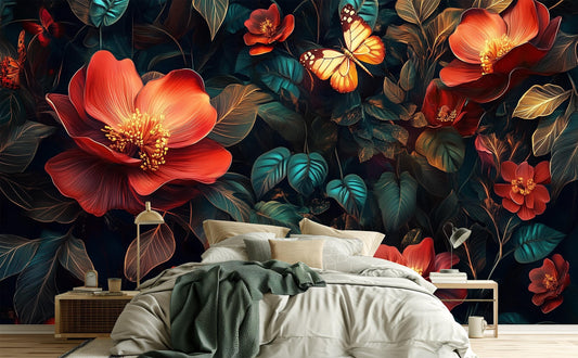Dark Floral Moody Botanical Floral Wallpaper – detail view, Golden Era Walls