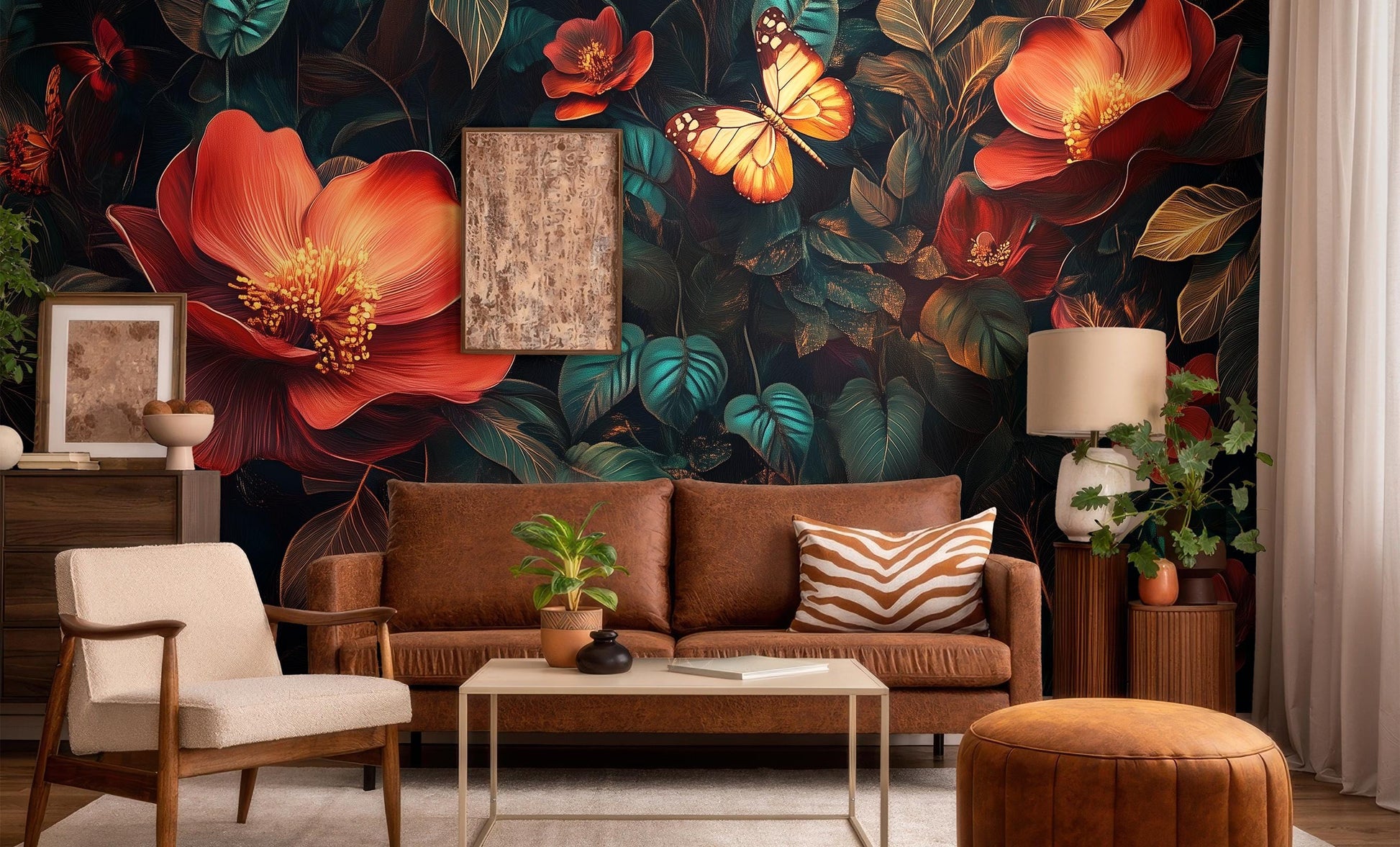Dark Floral Moody Botanical Floral Wallpaper – scale reference, Golden Era Walls