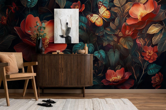 Dark Floral Moody Botanical Floral Wallpaper – lifestyle view, Golden Era Walls