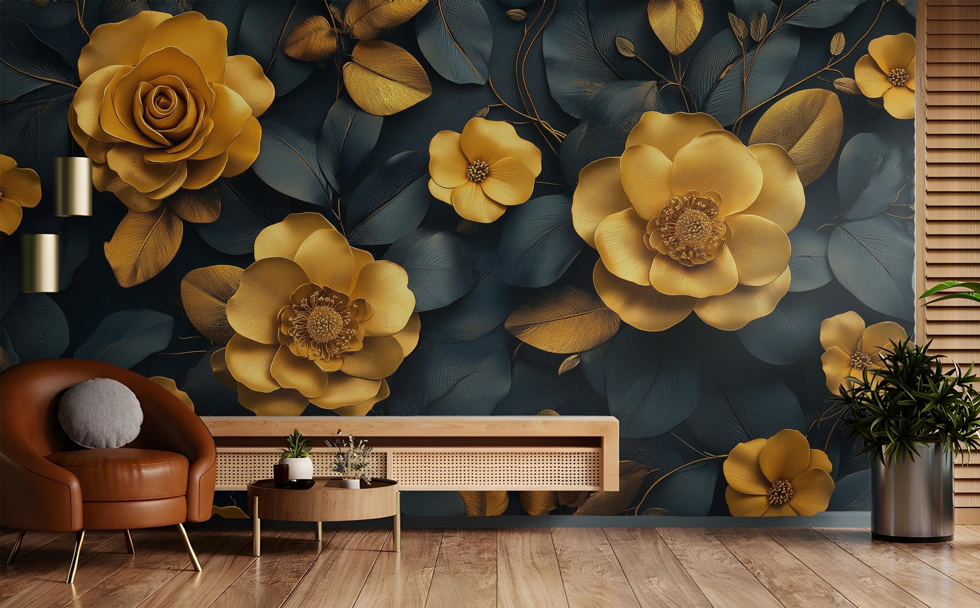 Gold Floral Navy Botanical Floral Wallpaper – scale reference, Golden Era Walls