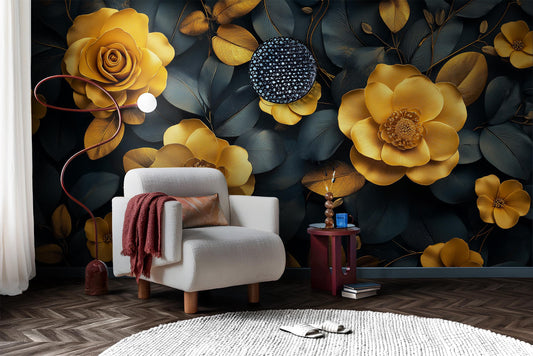 Gold Floral Navy Botanical Floral Wallpaper – lifestyle view, Golden Era Walls