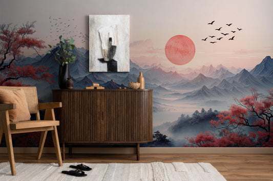 Japanese Landscape Misty Mountains Wallpaper – detail view, Golden Era Walls